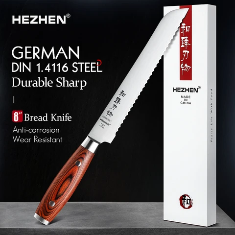 HEZHEN 8 дюймов ножи для хлеба немецкий DIN 1.4116 стальной торт арбуз Pakka Деревянная ручка и нержавеющая сталь заклепки кухонный нож