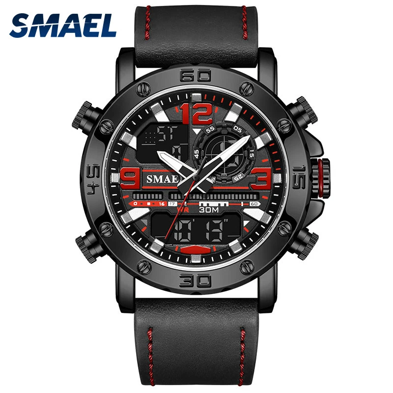 

SMAEL Men's Watches Sport Watch LED Waterproof Dual Display Men Digital Quartz Wristwatch Leather Band Male Clock Reloj Hombre