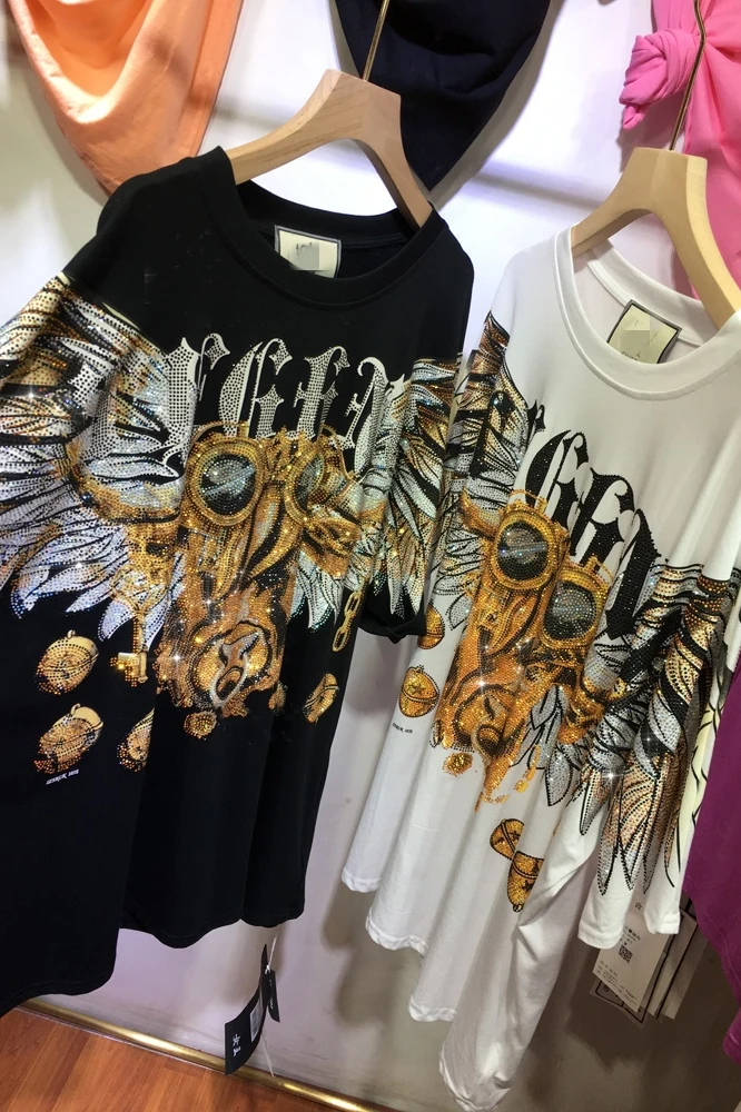 

2021 Summer Rhinestone T-shirt Women's Loose Large T Mid-Length Slimming Men's and Women's Top