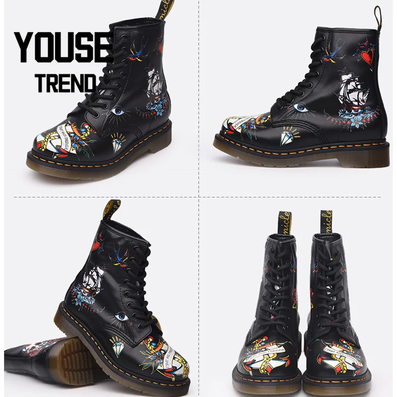 

High Quality Black Plus Size Graffiti Leather Autumn&Winter Women's Ankle Boots Women Shoes Martin Boots Platform