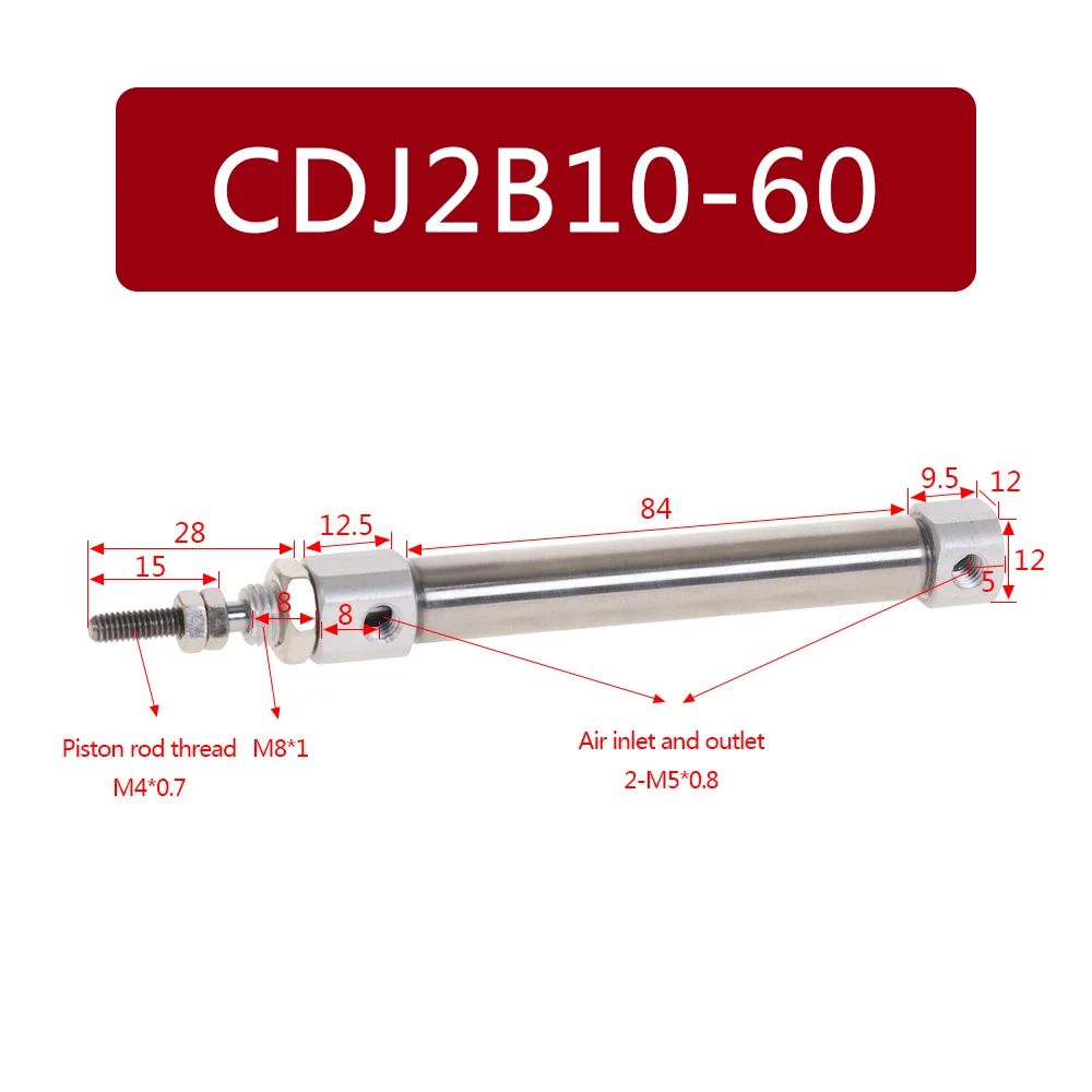 Мини-пневматический воздушный цилиндр CDJ2B-10 двойного действия, одинарный стержень, диаметр 10 мм, ход 10-150 мм, компактный размер для промышленного использования