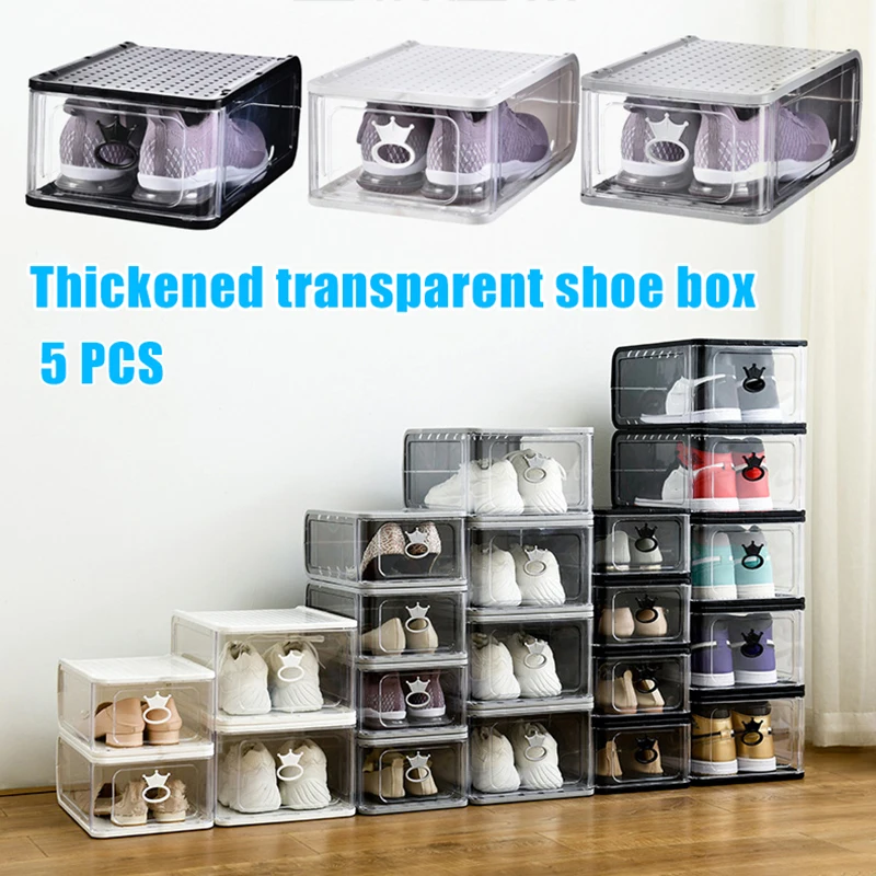 

Hot 5Pcs Clear Stackable Shoes Box Thickened Dustproof Plastic Clamshell Drawer Type Shoe Storage Box Organizer PLD