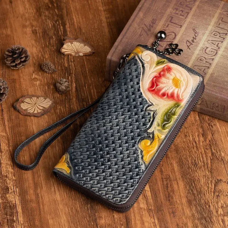 

Retro Genuine Leather Women Wallets Handmade Embossed Wallet Card Holder Leisure Soft Cowhide Female Long Phone Purse