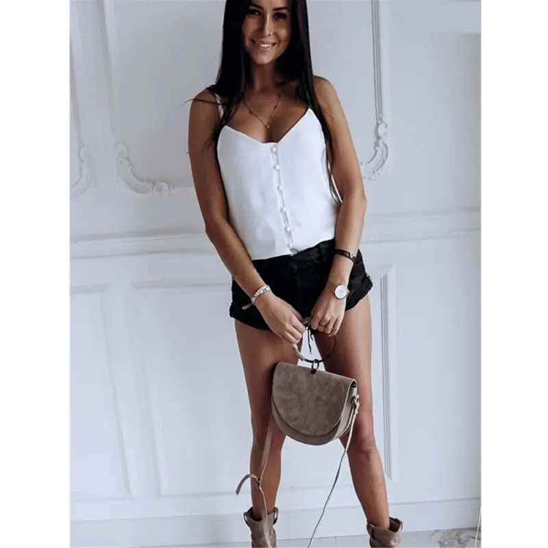 Кроп Топ женский без рукавов повседневная майка с V образным вырезом на пуговицах