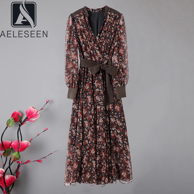 AELESEEN подиум модное шелковое платье весна осень 2020 женское длинный рукав v