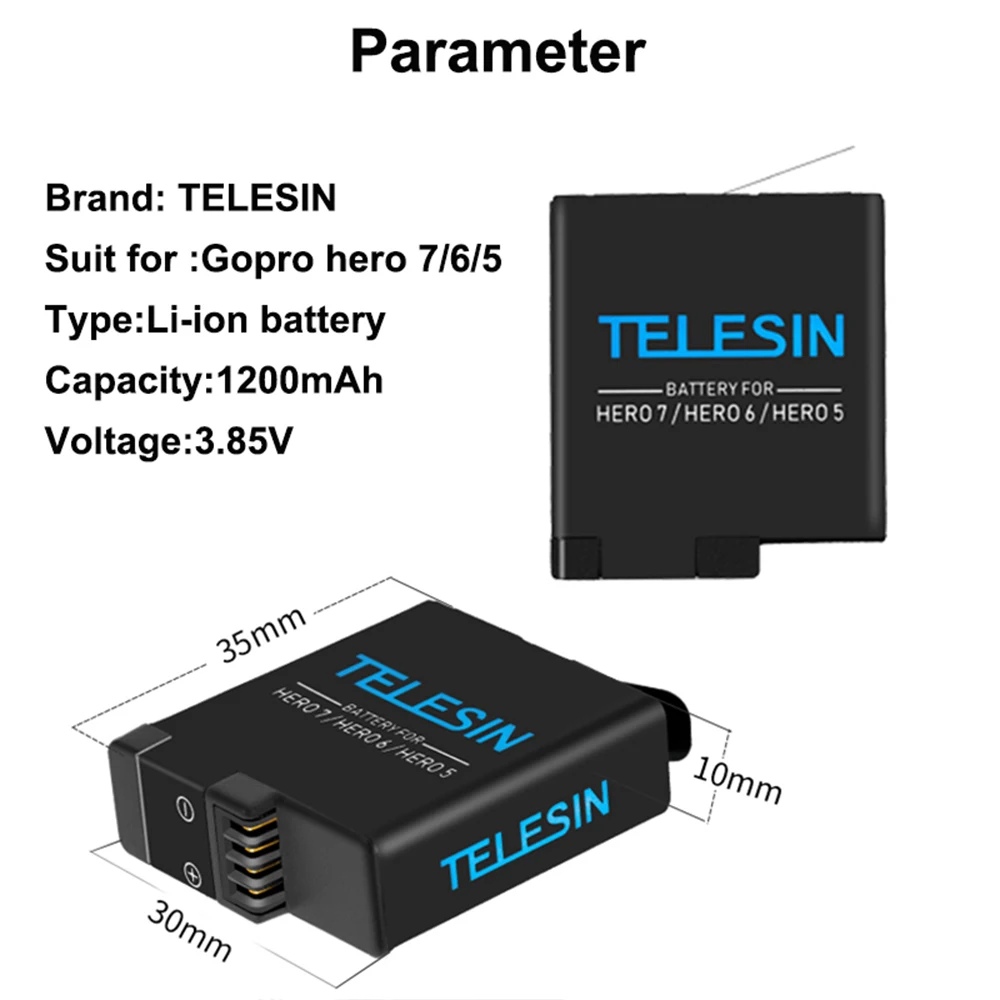

Telesin 3 batteries and 3-way charger for Gopro hero5 hero6 hero7 black, support charge original Gopro 5 6 7 battery storage box