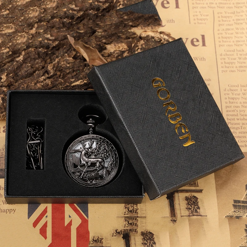 Black Deer Mechanical Pocket Watch Skeleton Vintage Antique Luxury Hollow Case Animal Engraved Male Fob Chain Clock for Men