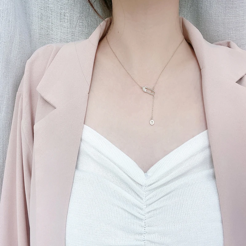 

Vintage Diamond Studded Paper Clip Women Pendant Necklace S925 Silver Individualism Fringe Clavicle Chain Anniversary Gift