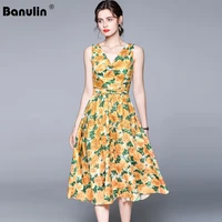 banulin 2021 summer women runway spaghetti straps dresses ruched v neck yellow floral printed high street casual beach dress