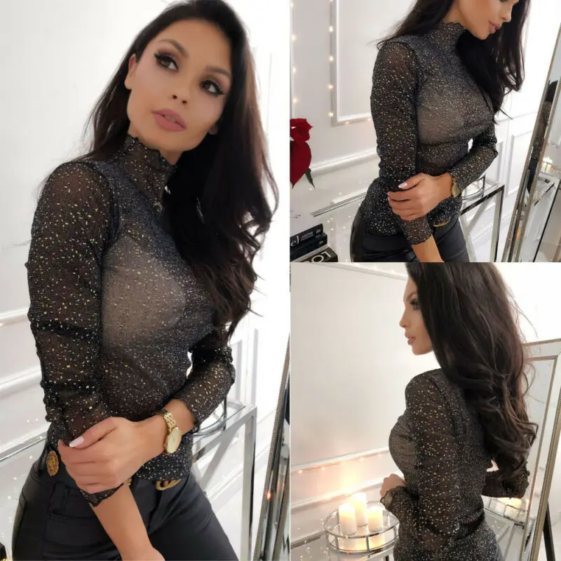 Сексуальная Женская сетчатая прозрачная позолоченная рубашка водолазка Топ с