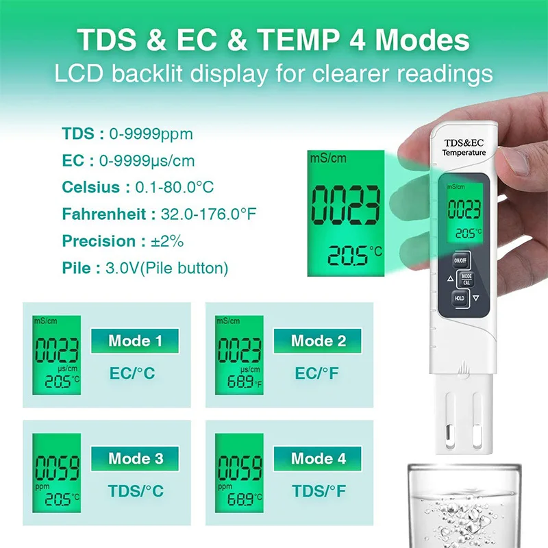

PH Meter, 3 In1 TDS+EC+Temp Meter Digital PH Meter Water Quality Tester with LCD Sn Accuracy Resolution