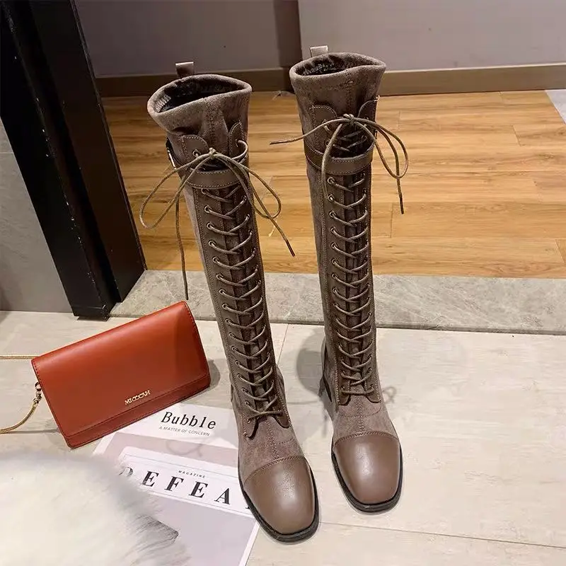 Осень 2020 новые брендовые сапоги на толстом каблуке до колена плюшевые теплые