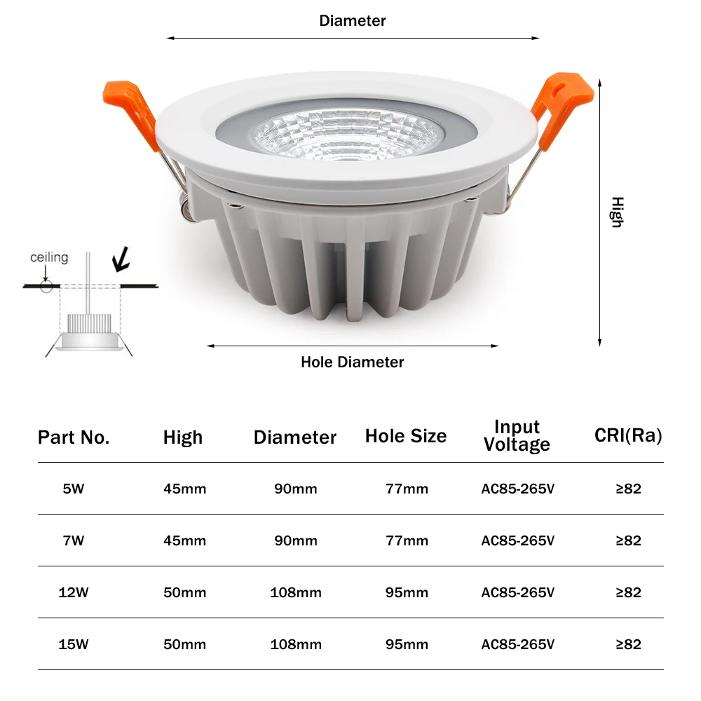 [DBF] negro/blanco IP65 impermeable proyector descendiente de LED empotrado COB/SMD5730 5 W 7W 9W 12W 15W integrado luces del punto del techo para el cuarto de baño