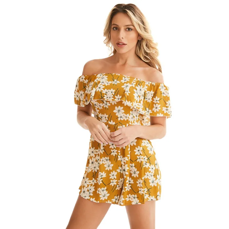 

Women Beach Rompers Female 2020 Summer Print Floral Casual Short Jumpsuit Off-Shoulder Bodycon Sexy Party Playsuit