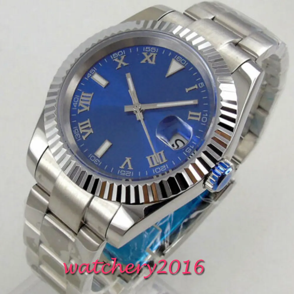 36mm Bliger Sterile Blue Dial Date Roman Numbers Automatic Mens Watch  21 Jewels MIYOTA 8215 Jubilee Strap  Sapphire Glass