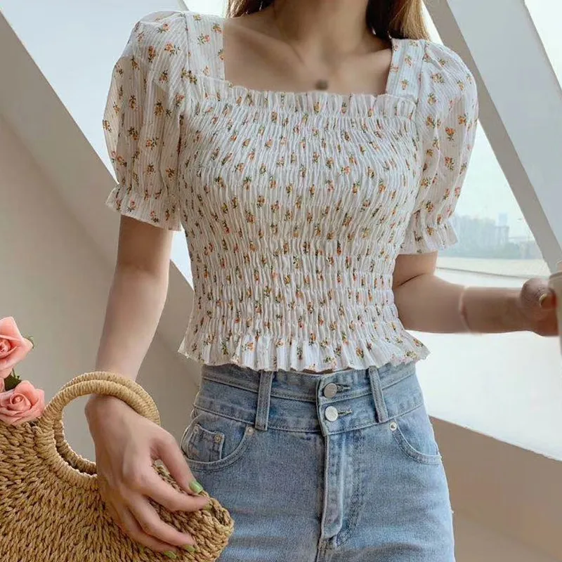 

Summer Blouse Women Square Collar Puff Sleeve Floral Tops Girls Short Sleeve Korean Style Slim Blouses