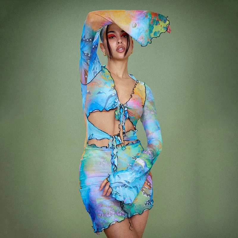 

Butterfly Tie Dyeing Print Sexy Women Dress Clubwear 2021 Long Flare Sleeve Hollow Out Lace-up V-neck Pencil Dresses