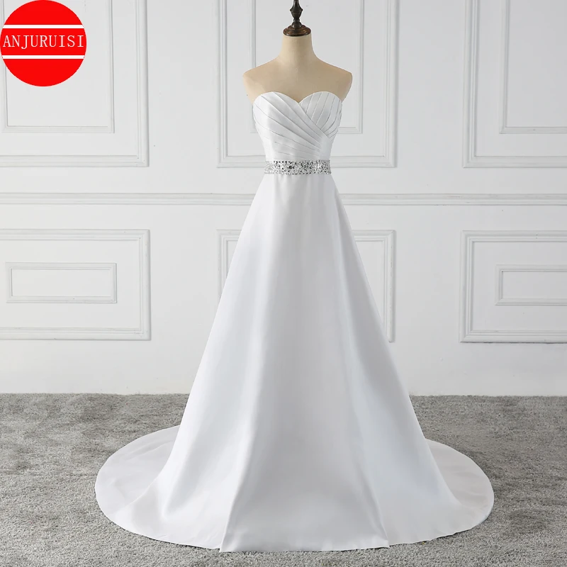 

White Satin Wedding Dresses A Line Vestido De Noiva 2022 Strapless Brush Train Robe Mariage Bride Gown Trouwjurk Boda Simple