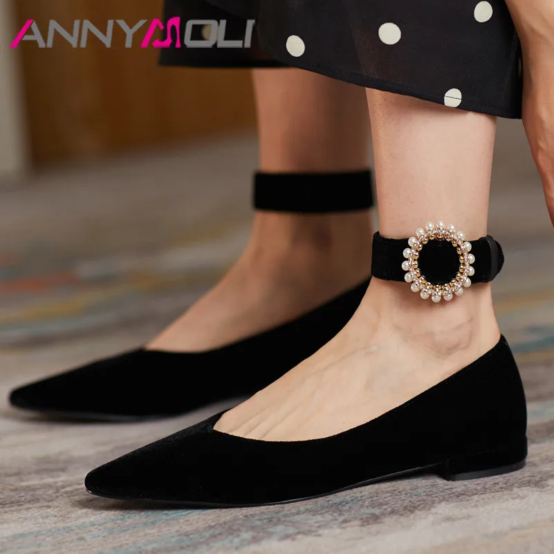

ANNYMOLI Pointed Toe Flat Shoes Women Flock Ballet Flat Shoes Fashion String Bead Footwear Slip On Female Shoes Wine Red Size 40