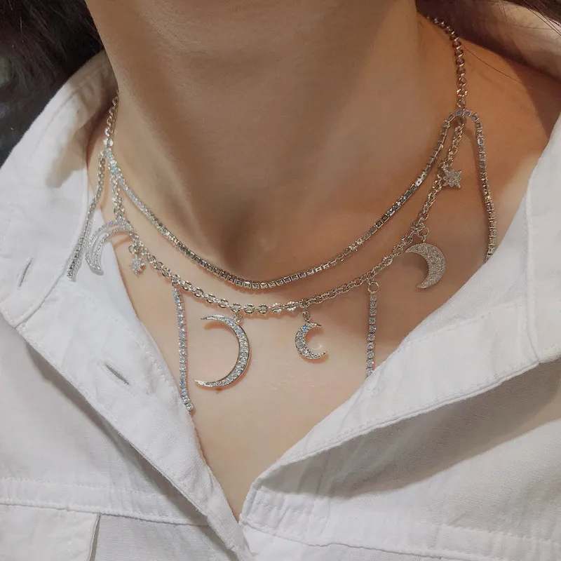 

925 Sterling Silver Double layer Zircon Star Moon Charm Necklace Pendant For Women Wedding Luxury Jewelry Choker dz415