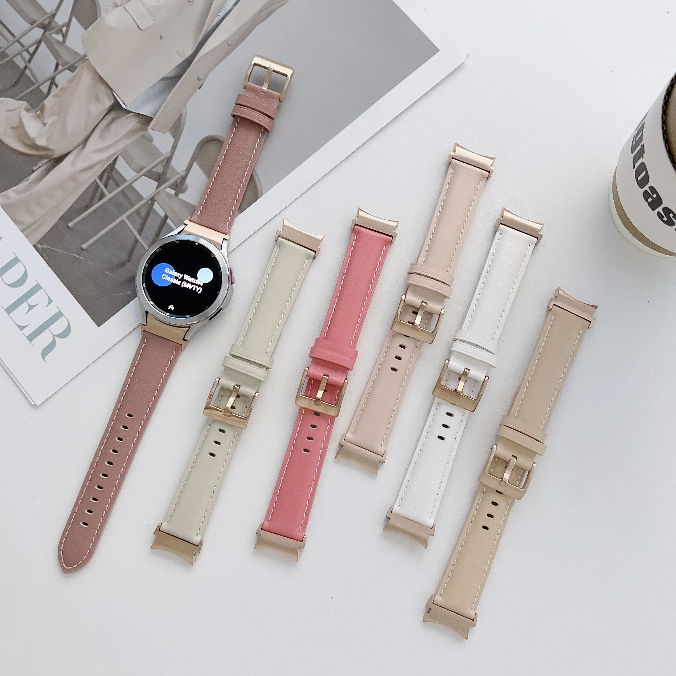 Ремешок кожаный для наручных часов браслет Samsung Galaxy Watch 4 Classic 42 мм 46 с изогнутым
