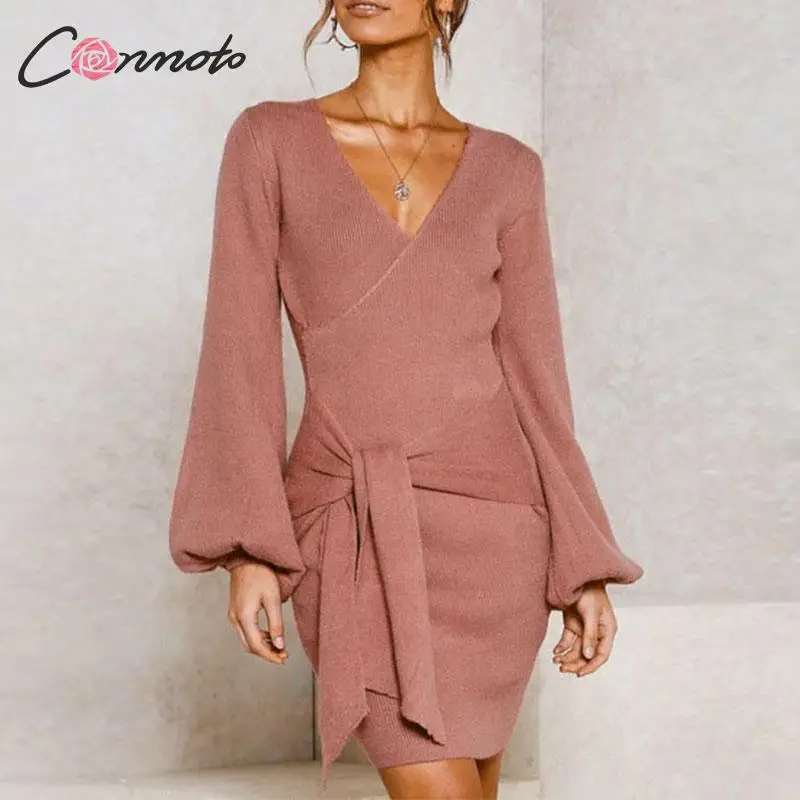 Conmoto сексуальное зимнее облегающее трикотажное платье для женщин с бантиком