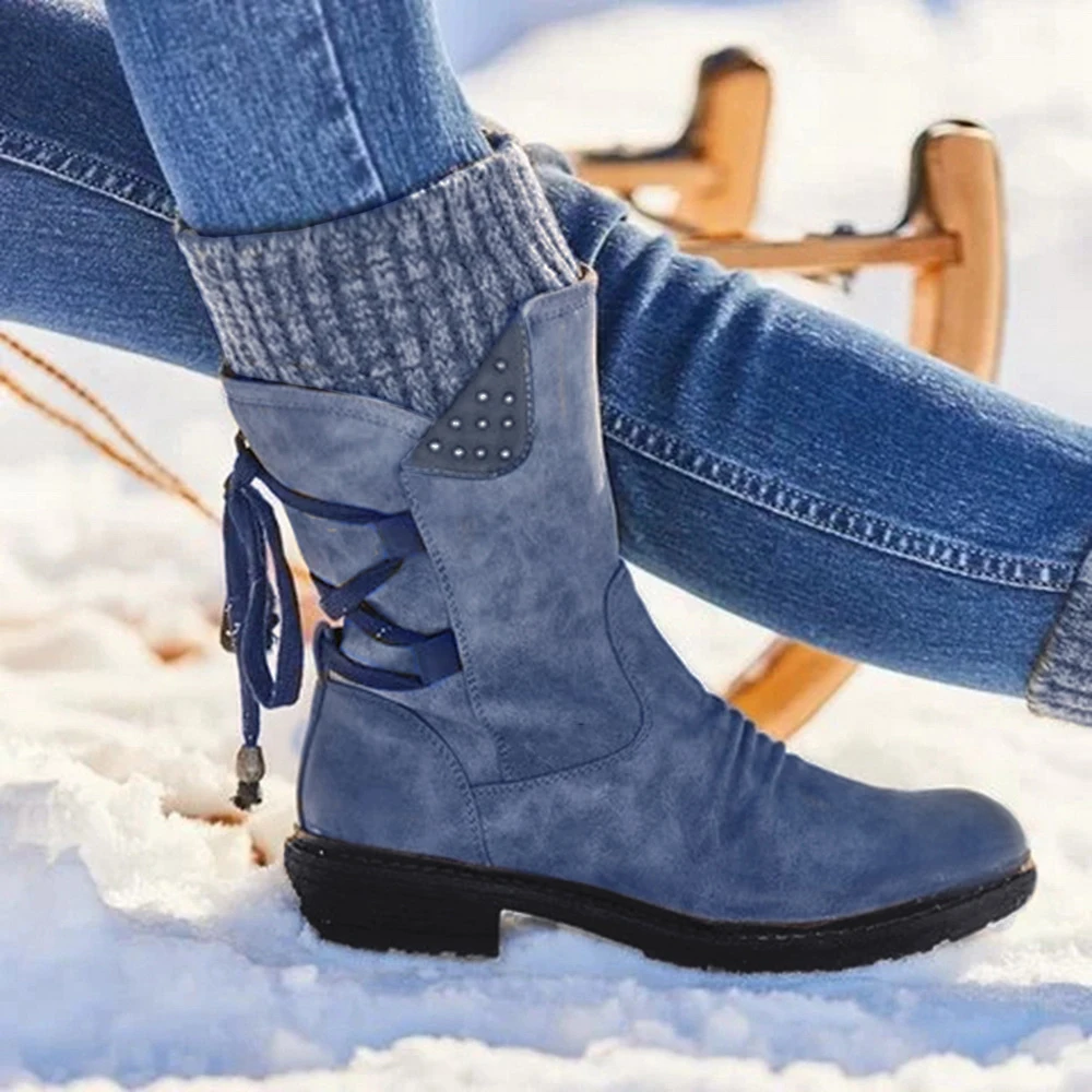 Puimentiua Winter Shoes Women Boots Basic Mid-Calf Boots Round Toe Zip Platform Decor Female Shoes Warm Lace Up Boots Shoes