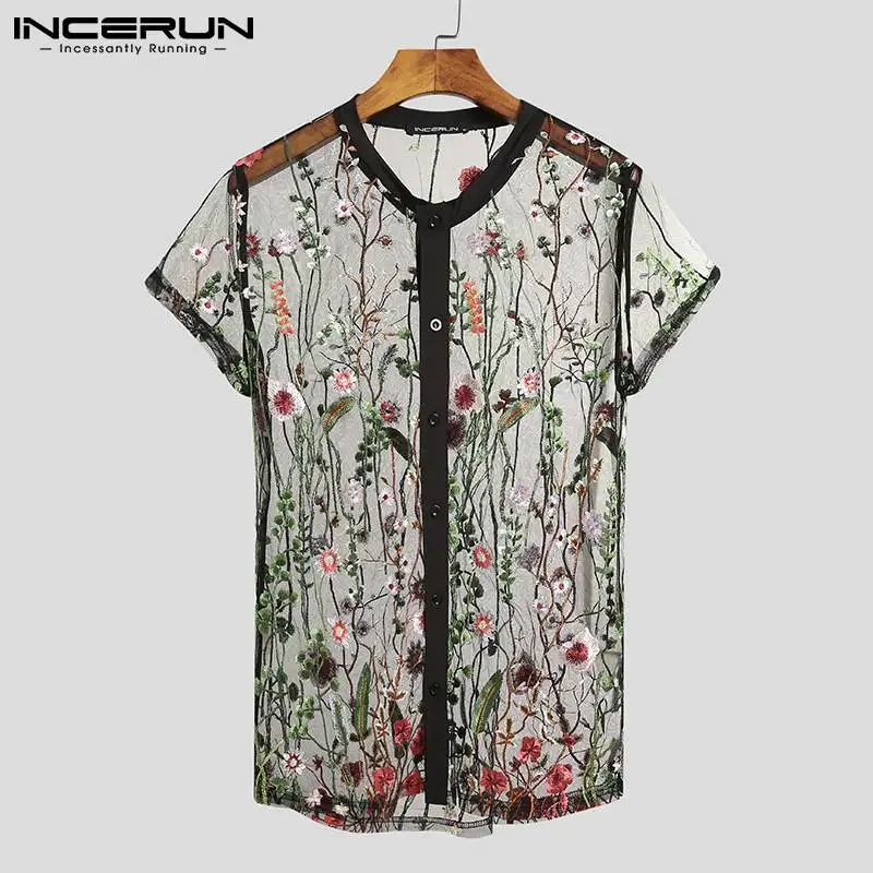 

2021 Fashion Men Mesh Shirts Embroidered Short Sleeve Sexy See Through Tops Button Breathable Party Nightclub Shirts INCERUN 5XL