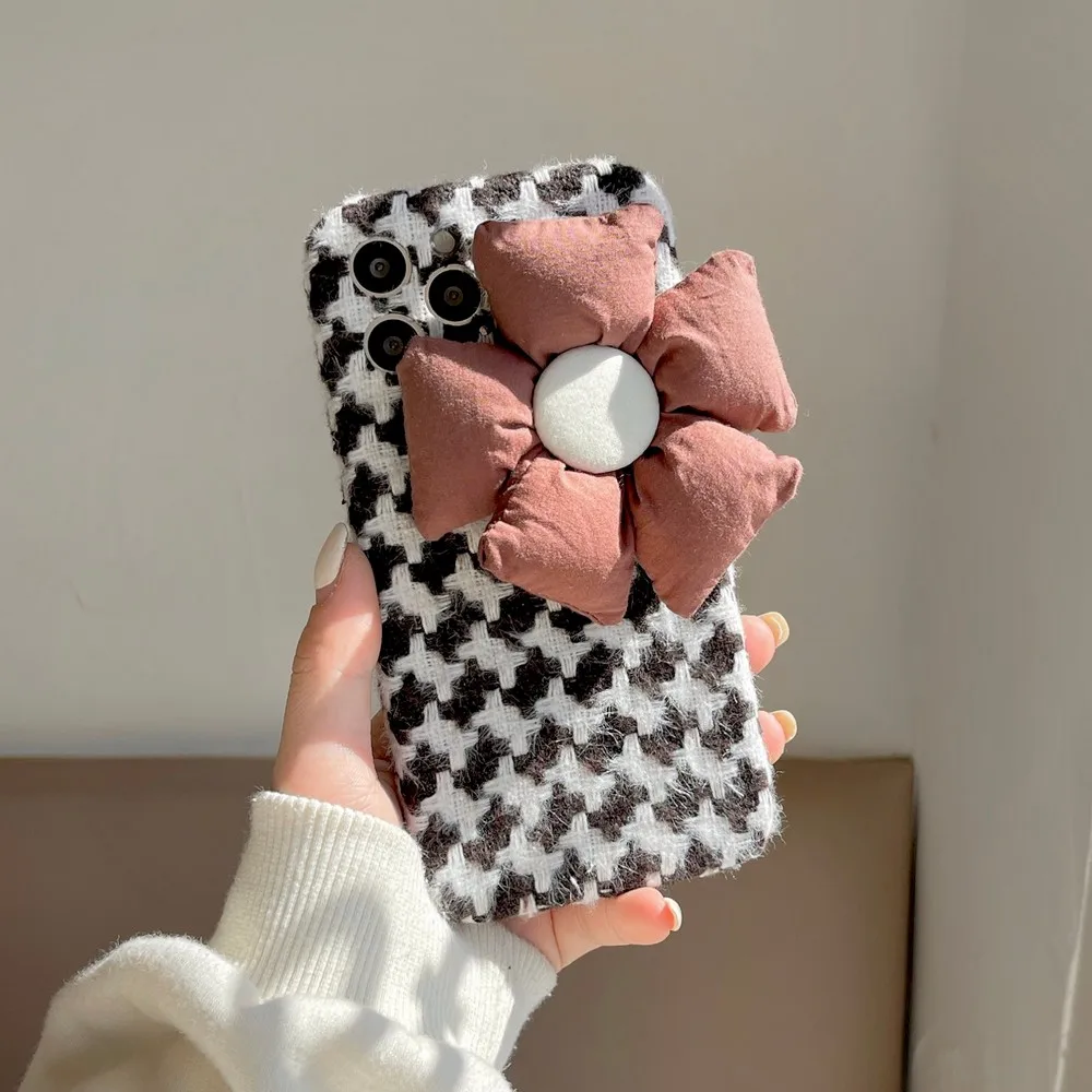 

Plush houndstooth with 3D Flower Case For iphone X XS XR XSMAX Silicone 13 12 11 Pro ProMax 7 8 Plus Shockproof Shell Cover