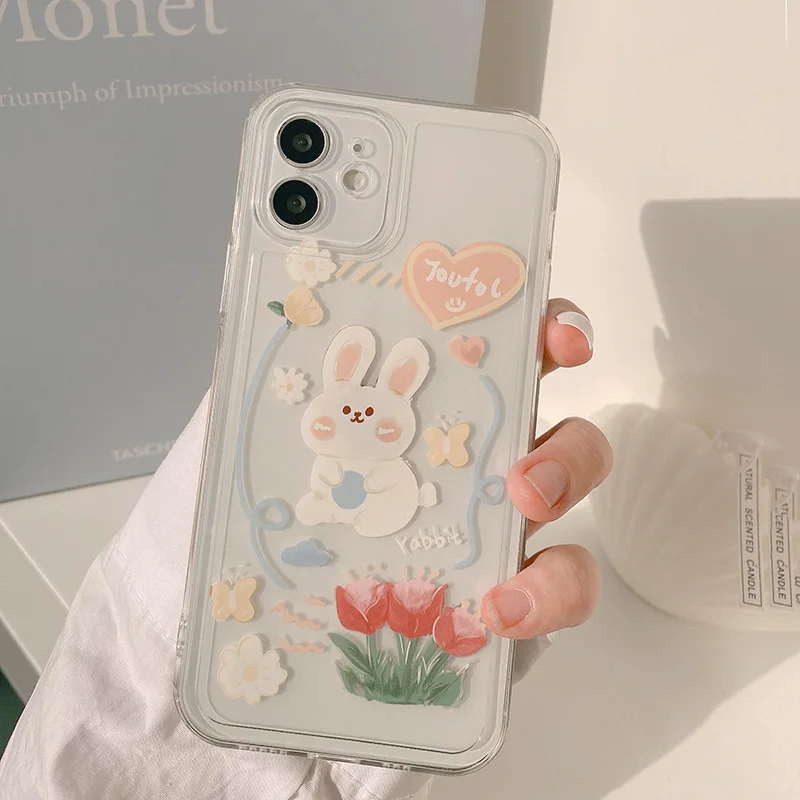 retro kawaii rabbit sweet flowers japanese phone case for iphone 13 11 12 pro xs max xr x 7 8 plus 7plus case cute clear cover free global shipping