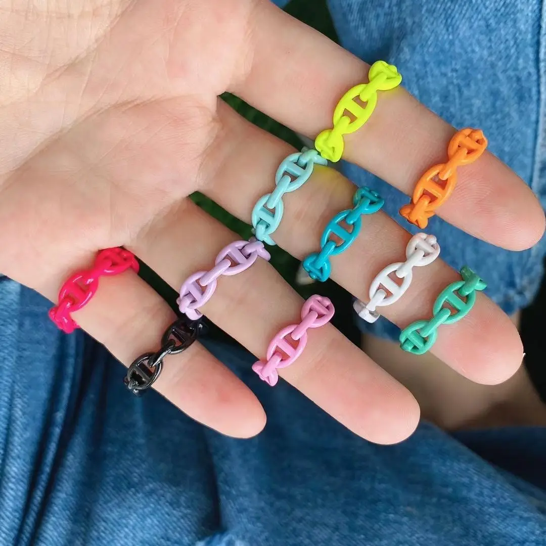 

10PCS, New Trendy Candy Color Enamel Geometric Link Chain Open Rings for Women Multicolor Finger Jewelry