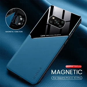 car magnetic holder plexiglass leather texture cases cover for poco x3 pro nfc fundas on poko little x 3 gt nfs shockproof coque free global shipping