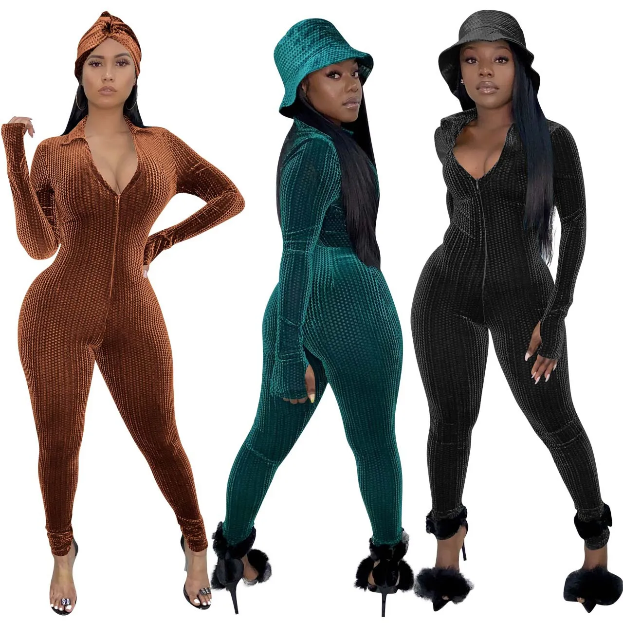 

High Quality European and American Women's New Style Korean Velvet Sexy V-neck Solid Color Jumpsuit Mid-waist Warmth Jumpsuit