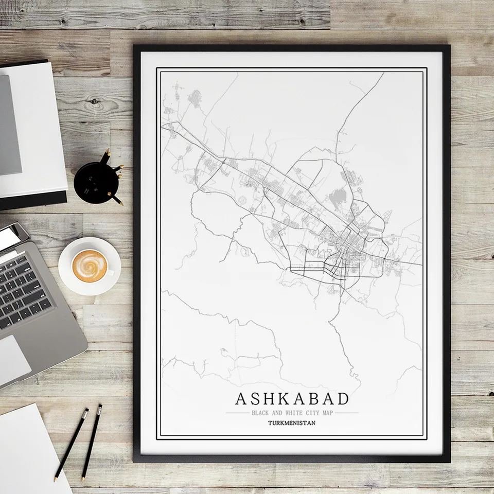 Черно-белая карта Туркестана Постер в скандинавском стиле для гостиной Ashkabad