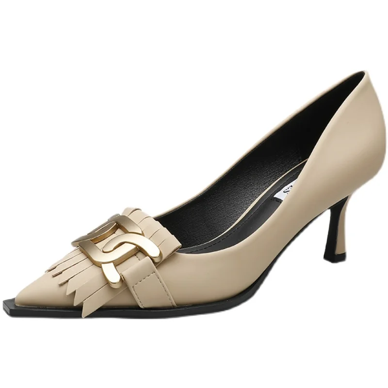 

Womens Pointed Toe Metal Decor Tassels High Heel Pumps Shoes OL Low Top Party Sexy 3Colors New 2022