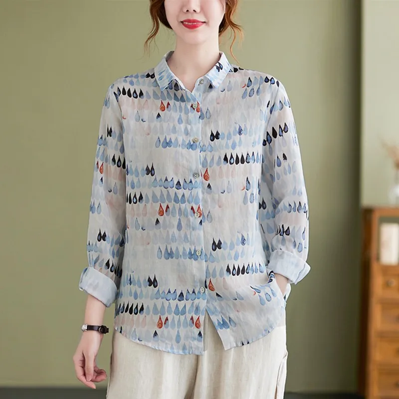 

Women Long Sleeve Casual Shirts New Arrival 2021 Autumn Arts Style Vintage Print Loose Cotton Linen Ladies Elegant Tops B1147