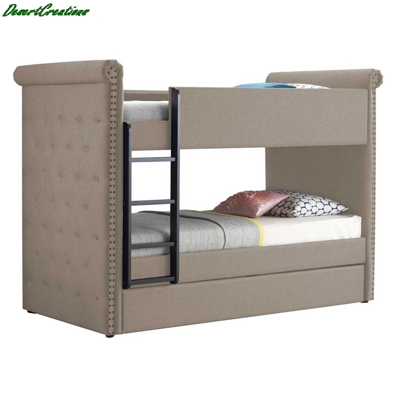 

Бежевая деревянная двухъярусная кровать из ткани для детей, двухъярусная кровать из твердой древесины с укороченным ящиком