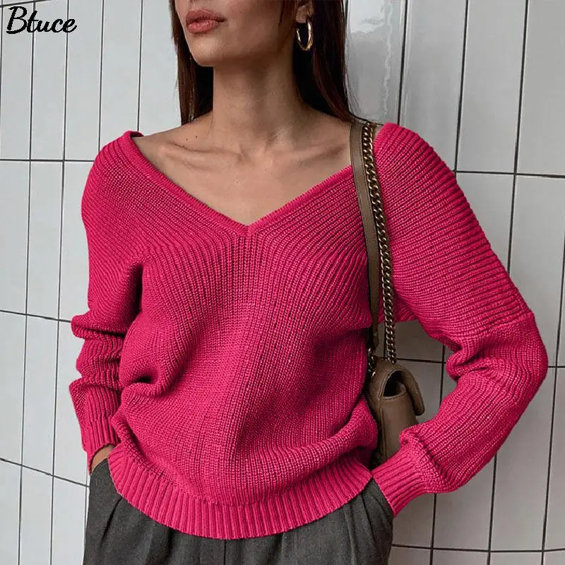 

2021 Winter Spring Female Plum Red Solid V-Neck Sweaters Women's Oversize Sweater Long Sleeve Backless Sexy Knitted Top