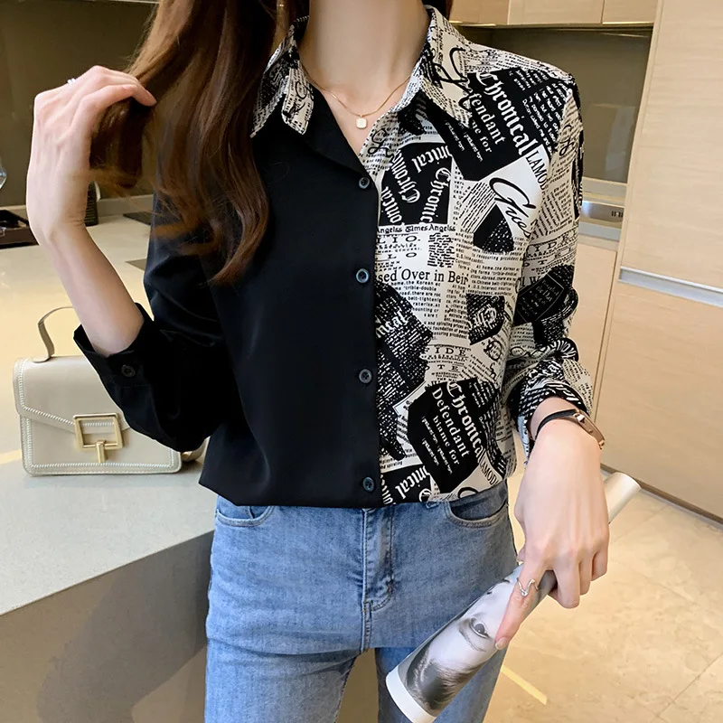 Hot Selling New Chiffon Shirt Korean Color Contrast Printing Fashion Long Sleeve Asymmetric Splicing Versatile Women's Blouses