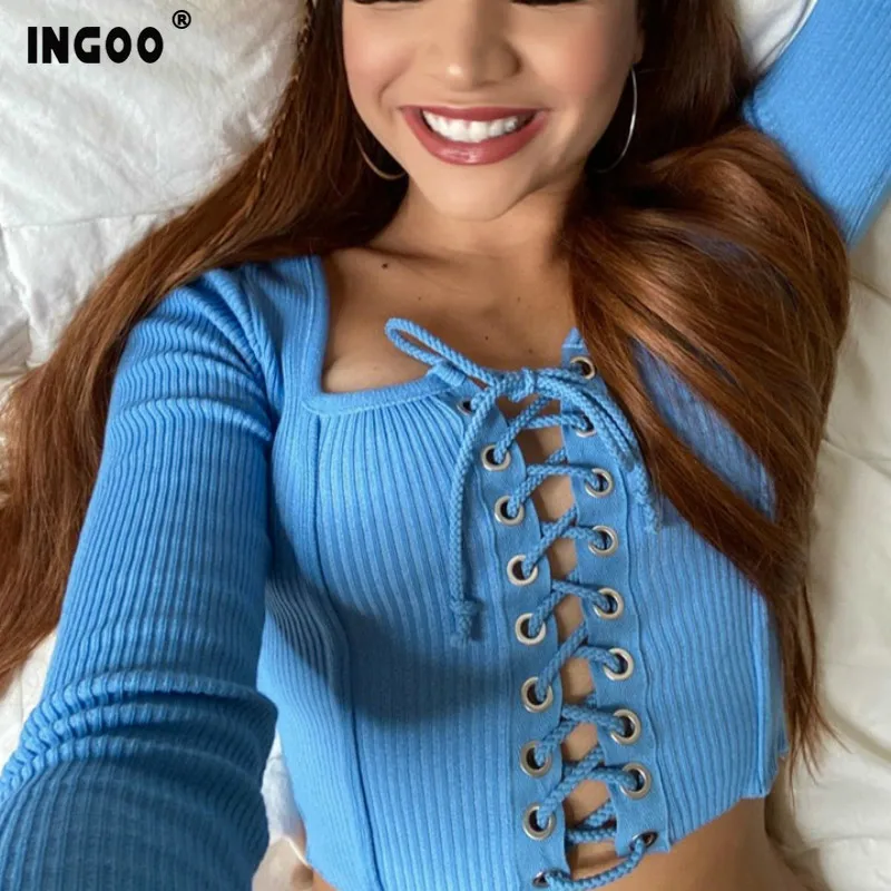 Женский короткий топ на шнуровке INGOO привлекательный облегающий синий с длинным