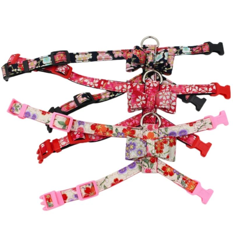

New Degisn Dog Chest Japanese Style Flower Printed Pet Chest Strap Fabric Bowknot Dog Harness Adjustable Puppy Vest