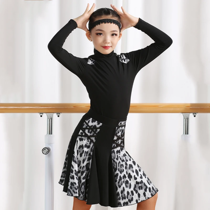

Kids Latin Dress Girls Long Sleeve Leopard Dance Dress Latin Practice Training Clothes High Neck Cha Cha Stage Costume