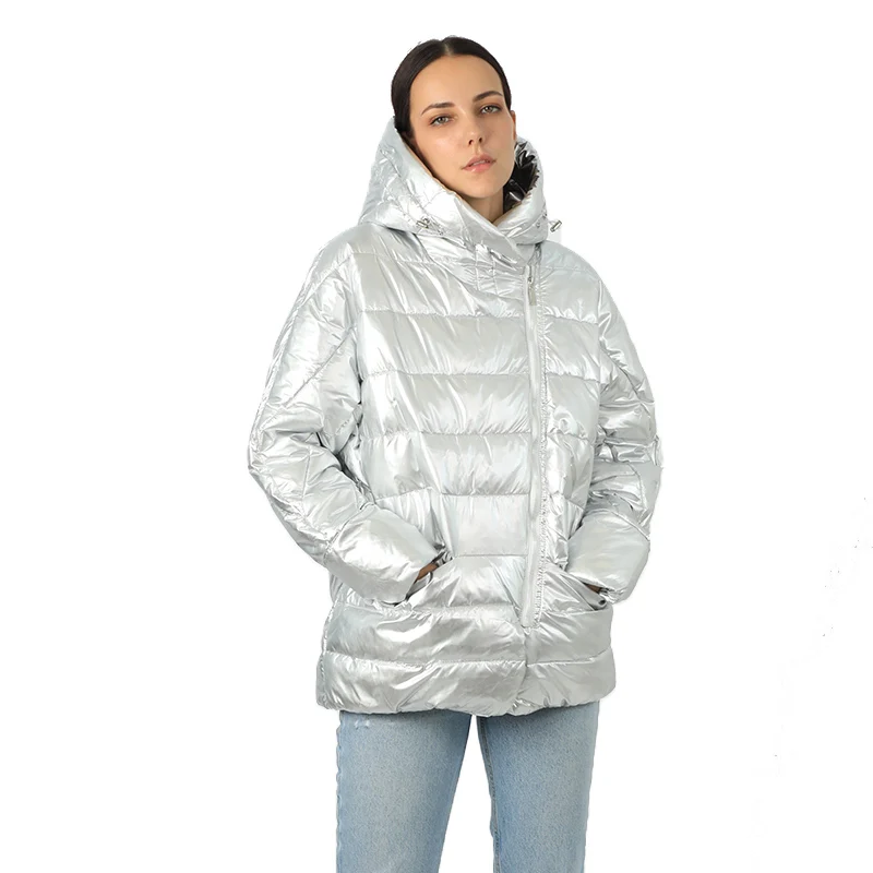 

Women's Down Jacket Parka Female hooded Winter Cotton Quilted Coats Silver Space metallic luster short Ladies Clothes 18-934