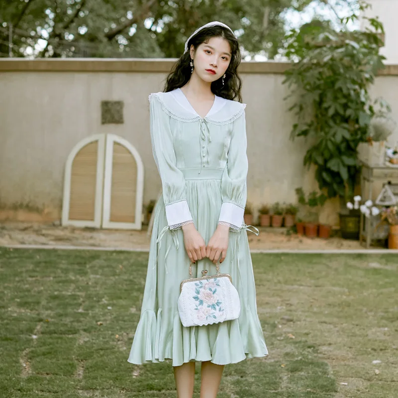 Новинка 2020 модная женская одежда винтажное платье с круглым воротником женские