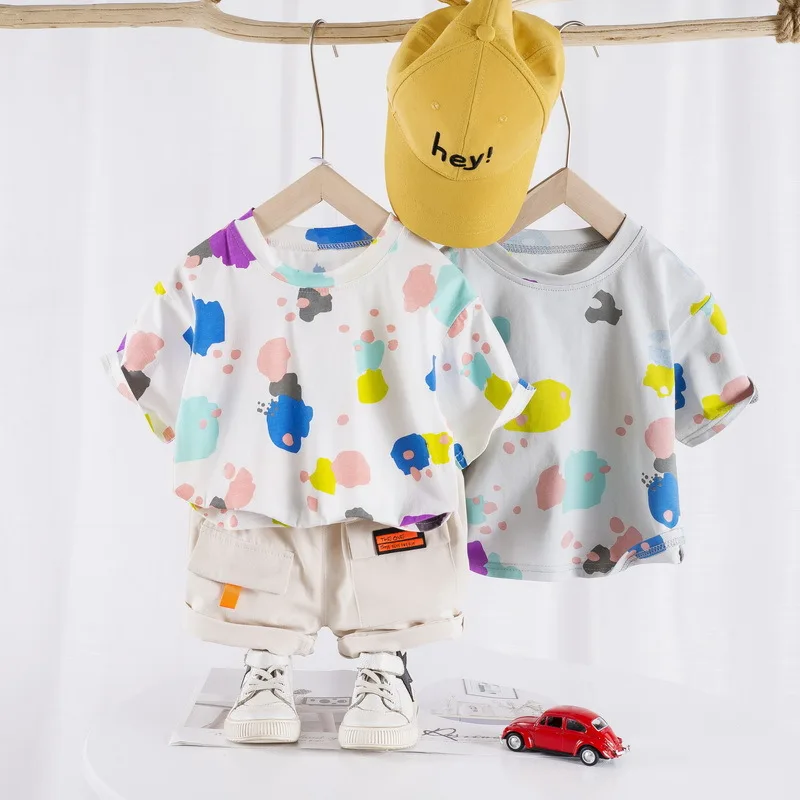 

New Summer Baby Boy Colour Cloud Fully Print O-Neck T Shirt +Tooling Shorts 2Pcs/sets Infant Outfit Kids Girls Fashion Clothing