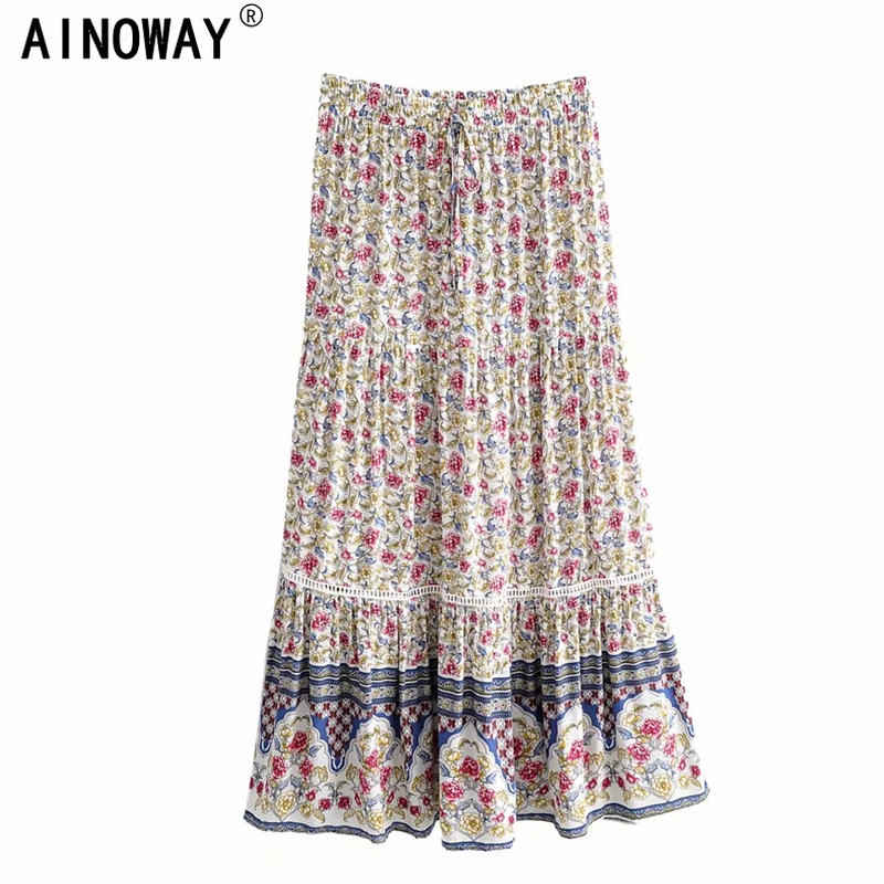 Винтажная шикарная модная женская пляжная юбка в стиле хиппи с цветочным принтом
