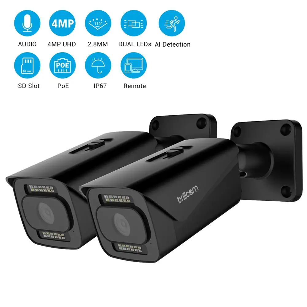 Brillcam 4MP (упаковка из 2) HD двойной светодиодный ip камера PoE IP67 всепогодный AI Micro SD