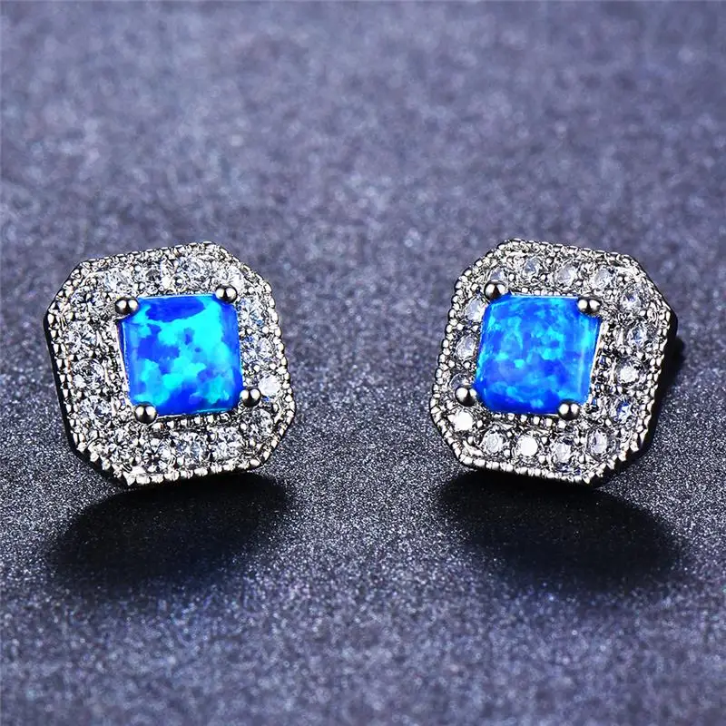 

Luxury Female White Blue Opal Stone Earrings Small Silver Color Stud Earrings Vintage Crystal Square Wedding Earrings For Women