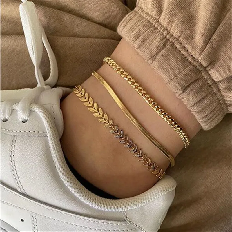 

LETAPI 3pcs/set Gold Color Simple Chain Anklets For Women Beach Foot Jewelry Leg Chain Ankle Bracelets Women Accessories