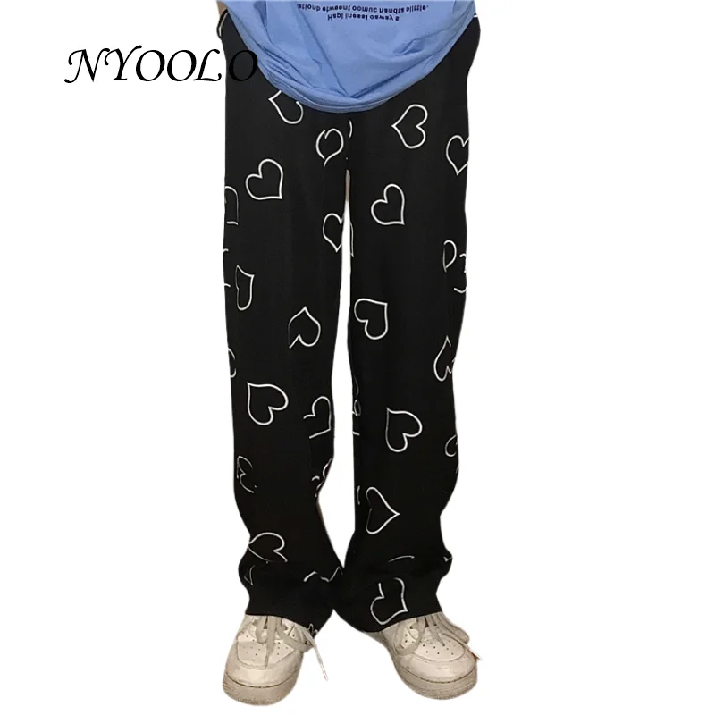 

NYOOLO Harajuku Streetwear Love Pattern Elastic Waist Straight Pants Women Casual Full Length Black Trousers
